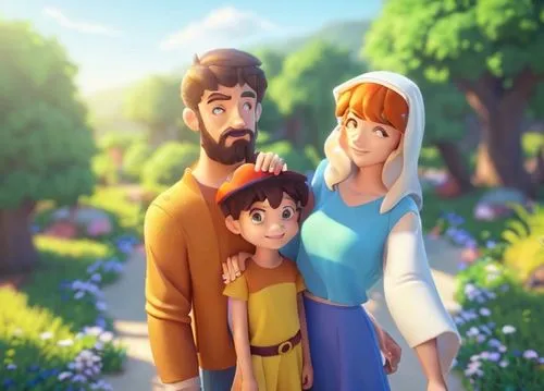 
Joseph, Mary with their eyes closed and Jesus smiling looking ahead,the dawn family,holy family,arrowroot family,animated cartoon,mother and father,mother and grandparents,poppy family,harmonious fam