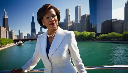 First Lady, elegant mature woman, 40s, stylish short hair, subtle makeup, pearl necklace, white pantsuit, high heels, standing, posing, Chicago River, boat tour, Willis Tower, Tribune Tower, Wrigley B