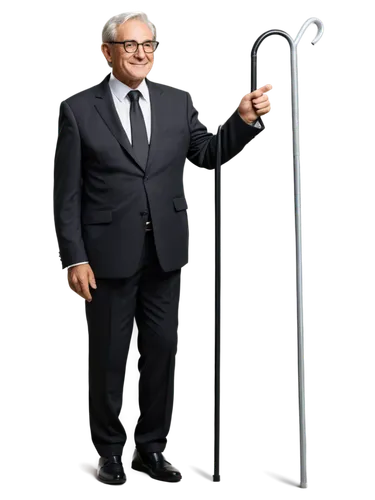 Elderly man, 63 years old, solo, happy expression, wrinkles on face, grey hair, glasses, black suit, white shirt, black tie, holding a cane, standing, warm lighting, shallow depth of field, 3/4 compos