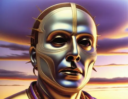 there is a very detailed picture of a head in the picture,bot icon,gold mask,rocketeer,golden mask,cyberman,cybermen,goldust,silver surfer,iron mask hero,silico,unkar,robot icon,steelman,klaatu,tinman