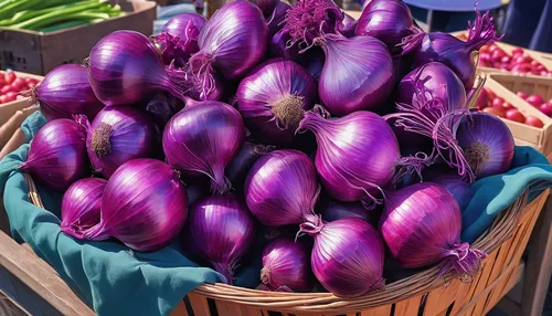 Transport readers to a peaceful countryside farmers market with beautiful purple onions, as Mother Nature blesses the harvest with a gentle breeze.,eggplant,eggplants,farmers market purple onions,pers