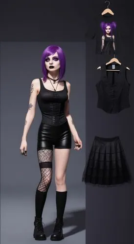 Paper doll 2d cartoon goth purple haired girl in black sleeveless shirt , black spandex shorts, complete full length fishnet and black goth knee Boots, standing surrounded by with a set of goth fashio