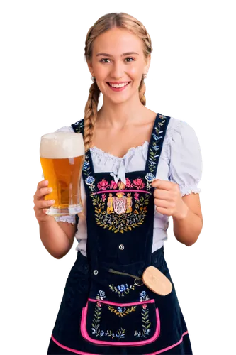 German lady, Oktoberfest, traditional Bavarian dress, Dirndl, apron, braids, blonde hair, rosy cheeks, bright smile, holding beer mug, festive atmosphere, soft warm lighting, 3/4 composition, shallow 