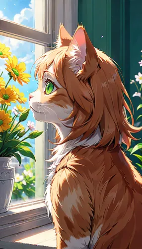 flower cat,domestic long-haired cat,springtime background,spring sun,holding flowers,american curl,red tabby,spring background,spring morning,domestic cat,autumn daisy,felidae,norwegian forest cat,marigold,british longhair cat,oleander,chestnut tiger,cattail,aster,summer evening,Anime,Anime,Realistic