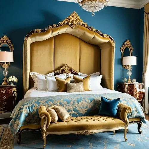 ornate room,bedchamber,blue room,headboard,headboards,sumptuous,claridge,chambre,four poster,blue pillow,fromental,lanesborough,victorian room,malplaquet,daybed,opulently,opulent,rococo,guest room,bedstead