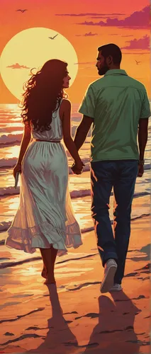 Write a romantic scene where Leyla Lydia Tuğutlu and her loved one take a sunset walk on the beach.,loving couple sunrise,vintage couple silhouette,couple silhouette,honeymoon,beach walk,silhouette ar