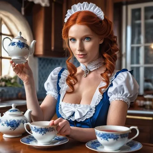 sexy red haired  blue eyed maid pouring tea,an redhead girl is dressed as alice from the movie wonderland,tea party,cuppa,tea service,tea time,dirndl,woman drinking coffee,Photography,General,Realisti