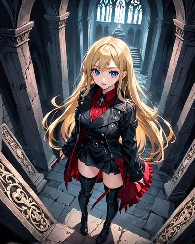 adult female demon standing in a gothic cathedral.
tall, long legs. perfect face, large breasts wide hips.
Long blonde hair, blue eyes, red lips.
leather attire, thigh high boots black leather holding