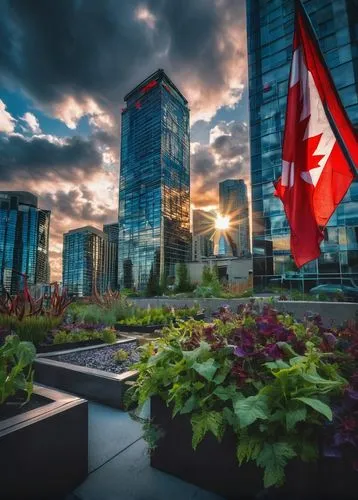 Calgary modern skyscraper, glass and steel materials, geometric structure, sharp angles, reflective windows, rooftop garden, urban cityscape, downtown area, evening time, warm lighting, vibrant colors