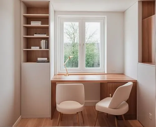 a room has been decorated with two chairs and a desk,writing desk,study room,danish room,reading room,carrels,cabinetry,Photography,General,Realistic