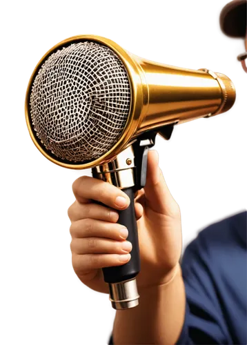 Megaphone, retro microphone, shiny metal surface, rounded body, mesh grille, golden accents, dynamic pose, holding with one hand, close-up shot, dramatic lighting, cinematic composition, shallow depth