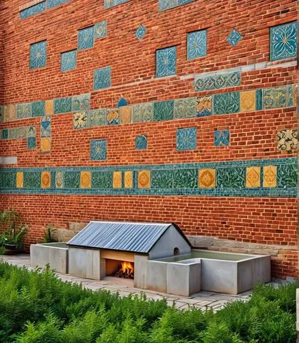 a large red brick wall with a house in it,umkc,factory bricks,brickyards,glass blocks,brick block,terracotta tiles,Photography,General,Realistic