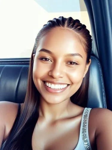 smile,a smiling woman sitting in a car with long hair,thahane,mayhle,nia,jada,brittanie,girl in car