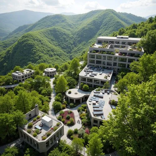 Vibrant green landscape, rolling hills, serpentine walkways, futuristic constructivist buildings, geometric shapes, industrial materials, exposed steel beams, angular lines, cantilevered roofs, floor-