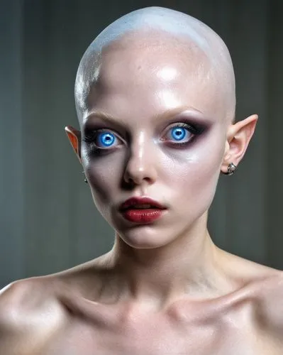 violet head elf,realdoll,male elf,natural cosmetic,extraterrestrial,extraterrestrial life,doll's facial features,cosmetic,a wax dummy,elf,hair loss,humanoid,quark,bald,alien,tilda,artificial hair integrations,dark elf,facial cancer,body piercing,Photography,General,Realistic