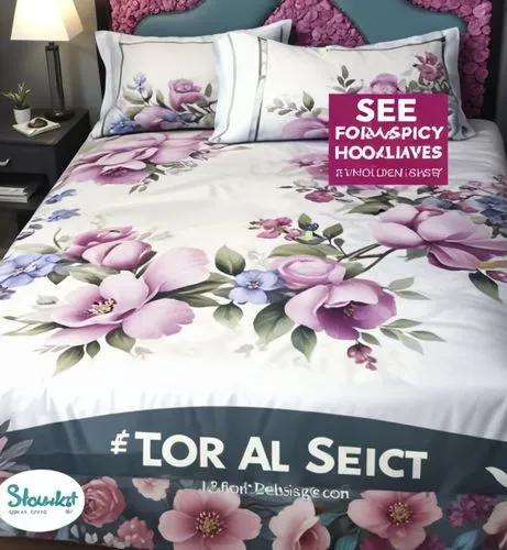 necesito una cama real con el diseño fde sabana florañ de la imagen,a bed has floral bedspreads and purple flowers,bedspreads,bed linen,bedspread,bedsheet,bedsheets,bedding