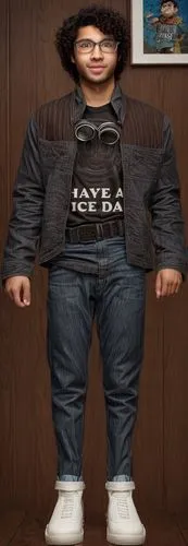 a young nerd man with black curly wavy hair, fair skin and brown eyes, standing, very happy. He has a Have a Nice Day Shirt. Realistic detailed.,greek in a circle,greek,mini e,fatayer,fat,kapparis,3d 