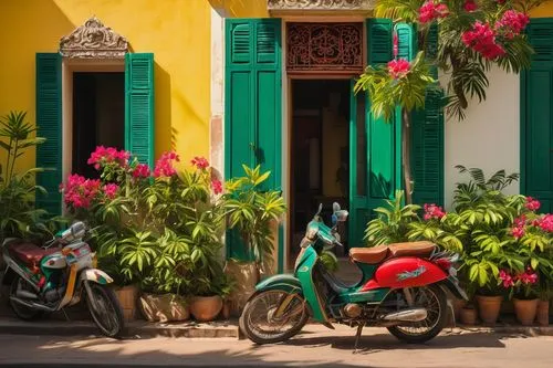 French Vietnamese architecture, colonial-style building, intricate carvings, ornate balconies, curved lines, vibrant yellow walls, green shutters, red-tiled roofs, lush greenery, tropical plants, palm