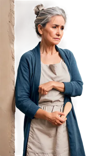 older woman, sad expression, wrinkles on face, grey hair, messy bun, thin eyebrows, pale skin, worn-out clothes, loose cardigan, apron, standing, leaning against wall, dim lighting, shallow focus, war