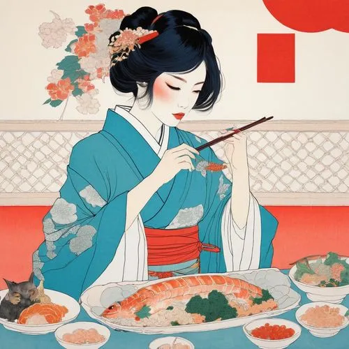 geisha girl,geisha,japanese cuisine,chopstick,japanese meal,kaiseki,japanese art,donburi,japanese culture,cool woodblock images,japanese woman,japanese food,soba,sushi japan,tea ceremony,oriental girl,chopsticks,japanese-style,ikebana,nabemono,Illustration,Paper based,Paper Based 19