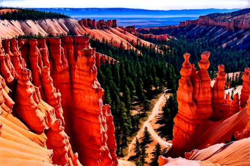 bryce canyon,hoodoos,red cliff,fairyland canyon,red earth,painted hills,arid landscape,mountainous landforms,sandstone rocks,aeolian landform,landform,landscape red,rock erosion,canyon,soil erosion,yellow mountains,united states national park,rock formations,cliff dwelling,panoramic landscape,Illustration,Paper based,Paper Based 11