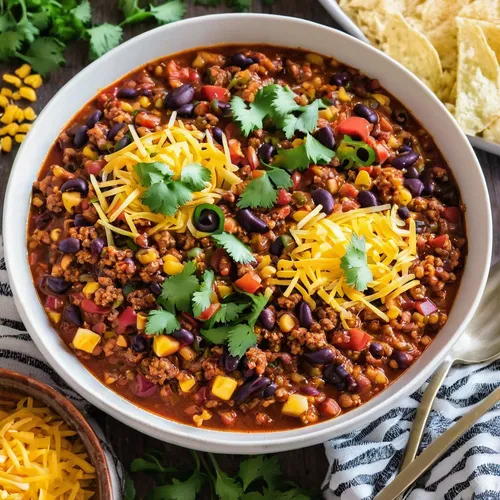 An overhead picture of two bowls of Ground Turkey Chili.,chili con carne,taco soup,chili,bird's eye chili,southwestern united states food,habanero chili,red chili,tex-mex food,chile and frijoles festi