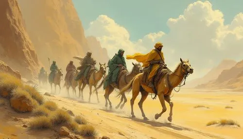 camel caravan,samarra,guards of the canyon,fremen,semidesert,gobi desert,Illustration,Realistic Fantasy,Realistic Fantasy 29