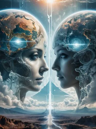 An advanced science fiction world appears before our eyes, 3000 years later,parallel worlds,parallel world,duality,dualism,connectedness,meridians,polarity,sci fiction illustration,mother earth,consci