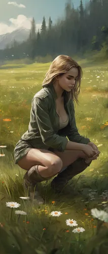 Write a poetic description of someone gracefully squatting in a meadow,meadow,girl lying on the grass,jessamine,clover meadow,croft,summer meadow,prairie,dandelion meadow,girl picking flowers,arnica,d