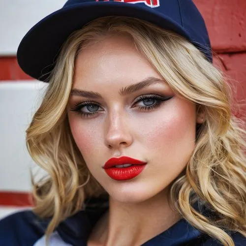 Pretty blond, wavy long hair Jessa Rohdes has her bulged red shiny wet lips open, she is sitting in a NVY cap, she wears a beauty spot and she is is made up like an U.S. rugbyl player with black eye s