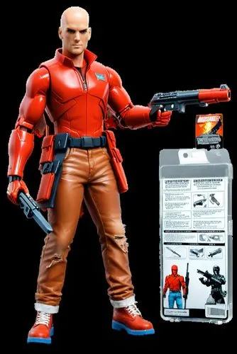 Action figure plastic toy, paint on plastic texture, high quality, white skin color, Ripped blue jeans, cloth texture, realistic, White Timberland Boots,,a man in red with a gun,zortman,actionfigure,z