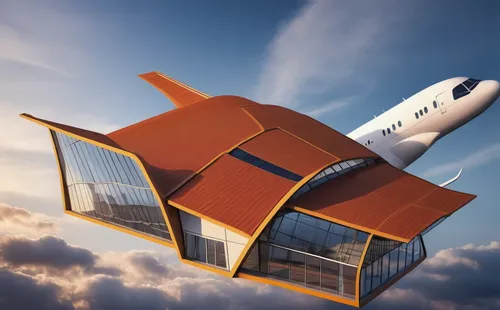 design a building which look like aeroplane ,rocketship,airship,air transport,sky space concept,air transportation,space tourism,air ship,aerospace manufacturer,control tower,supersonic transport,ryan