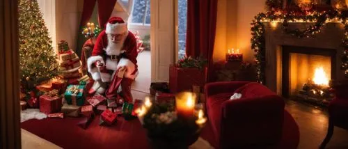 papa noel en el salon de una casa en navidad con un arbol de navidad,santa and girl,christmas room,santa,santa claus,christmas santa,st claus,christmas banner,christmas fireplace,santa stocking,father