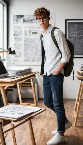 Young college student, male, 20yo, messy short hair, black framed glasses, casual white shirt, dark blue jeans, sneakers, backpack, holding a large portfolio, standing in front of a drafting table, su