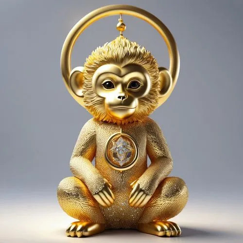 Close-up of golden monkey statue on light background with shining golden halo, a pure gold sculpture, ultra high definition,,golden buddha,vajrasattva,symbol of good luck,barbary monkey,bodhisattva,bu