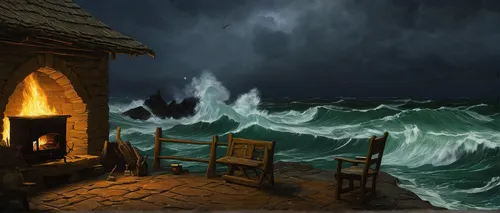 sea storm,stormy sea,fantasy picture,sea landscape,world digital painting,sea night,the wind from the sea,fisherman's hut,fantasy art,coastal landscape,sea-shore,seascape,storm surge,fantasy landscape,dark beach,night scene,art painting,seascapes,house of the sea,crashing waves,Art,Artistic Painting,Artistic Painting 03