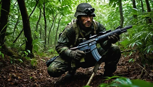 camouflaged trapper, aggressive posture, guerrilla fighter, military fatigues, face paint, stealthy movement, forest environment, ambush position, holding rifle, tactical gear, mud-covered boots, surv