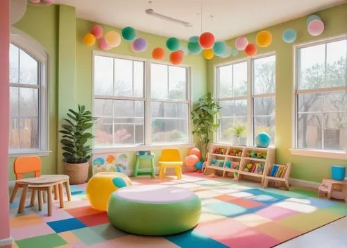 Colorful kindergarten, bright windows, rounded corners, soft pastel colors, playful cartoon decorations, mini slide, ball pit, reading nook, wooden tables, tiny chairs, alphabet patterns, educational 