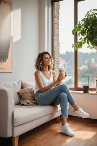 woman drinking coffee,girl with cereal bowl,woman sitting,apartment lounge,tea zen,window sill,femtocells,shared apartment,hygge,homeadvisor,girl sitting,smart home,decluttering,the living room of a photographer,homebuyers,cuppa,relaxed young girl,work at home,telecommuter,modern minimalist lounge,Illustration,Realistic Fantasy,Realistic Fantasy 45