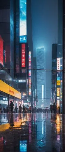 Modern Seoul architecture, sleek skyscraper, reflective glass facade, metallic accents, urban cityscape, busy streets, night scene, neon lights, billboards, bustling pedestrians, blurred motion, shall