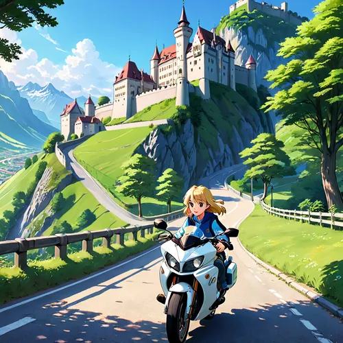 motorcycle tour,racing road,motorcycling,motorcycle tours,motorbike,open road,darjeeling,grand prix motorcycle racing,mountain highway,alpine drive,grand prix,ride out,motorcycle racer,french digital background,ride,motorcycle,moto gp,castel,game illustration,mountain road,Anime,Anime,Traditional