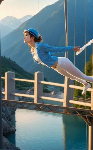 The camera captures a stunning masterpiece of a caucasian girl crafted from delicate fabrics and feathers. She wears a blue top hat and a white leggings as she jumps of a powerful bridge. She stretche