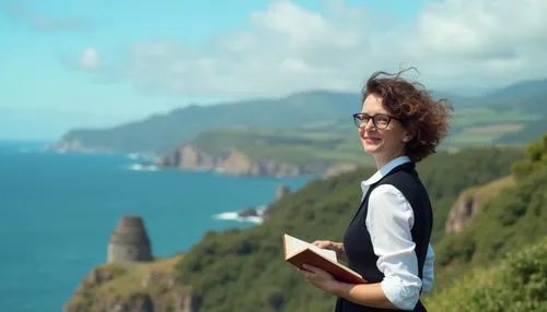 Watching towers, coastal academic style, mature lady professor, 40yo, short curly brown hair, glasses, elegant makeup, white blouse, black waistcoat, long skirt, holding a book, standing on a cliff, o