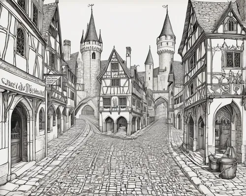 medieval street,rothenburg,goslar,bamberg,wernigerode,medieval town,muenster,hildesheim,medieval architecture,erfurt,cochem,tübingen,the cobbled streets,freiburg,half-timbered houses,wissembourg,miltenberg,nuremberg,bremen town musicians,schaffhausen,Illustration,Realistic Fantasy,Realistic Fantasy 42