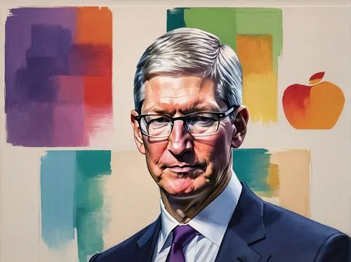 Tim Cook, Job's biopic, middle-aged man, glasses, simple haircut, formal wear, suit and tie, Apple CEO, standing confidently, holding iPhone, modern minimalist background, clean lines, subtle shadows,