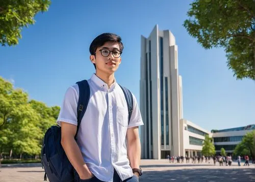 Male, graduate student, 25yo, bespectacled, short black hair, casual makeup, white shirt, dark blue jeans, sneakers, backpack, books, pencils, architectural models, standing, university campus, modern