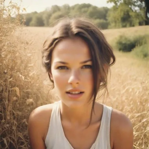 meadow,farm girl,beautiful face,countrygirl,daisy jazz isobel ridley,beautiful woman,attractive woman,in the tall grass,beautiful girl,wheat ear,wheat field,beautiful young woman,stubble field,wheat fields,chignon,on the grass,yellow grass,pretty young woman,woman face,angel face,Photography,Analog