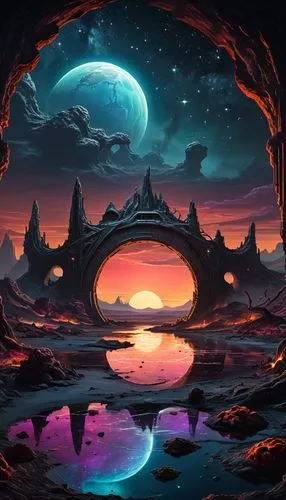 fantasy landscape,futuristic landscape,alien planet,alien world,lunar landscape,dragon bridge,fantasy picture,fractal environment,rift,3d fantasy,lagoon,vast,space art,atlantis,beautiful wallpaper,fantasia,cartoon video game background,horizon,background design,art background,Illustration,Realistic Fantasy,Realistic Fantasy 40