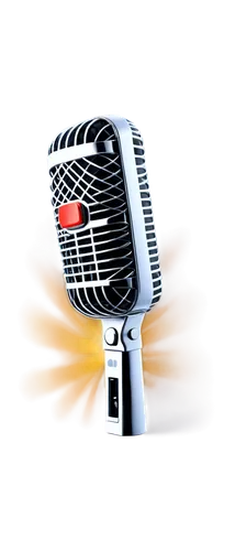 Cartoon microphone, colorful, shiny surface, rounded body, metal mesh grille, vibrant red button, silver accents, dynamic pose, leaning forward, bright studio lighting, shallow depth of field, soft fo