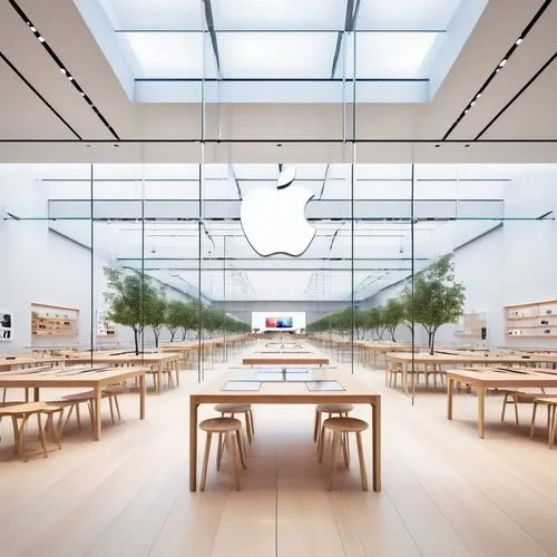 Apple store, modern architecture, glass facade, steel frame, minimalist design, clean lines, white interior, wooden tables, sleek shelves, iconic apple logo, bustling streets, urban atmosphere, daytim